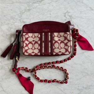 Coach Charter Crossbody 24 Signature Jacquard Varsity Stripe Burgundy Camera Bag